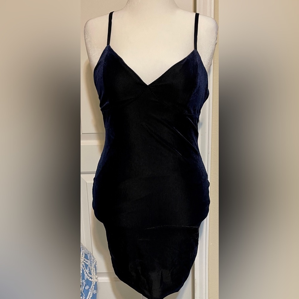 Holiday Party Blue Velvet Corduroy Slip Dress Bodycon Mini Y2K Clubwear Large
